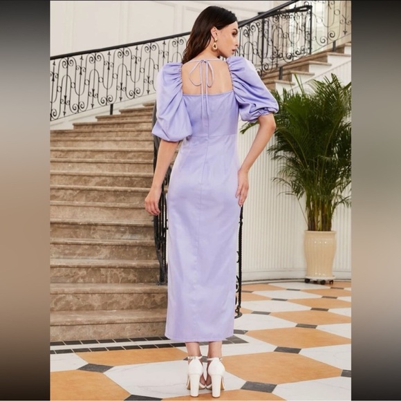 Elegant Lavender Puff Lantern Sleeve Dress - Picture 4 of 4